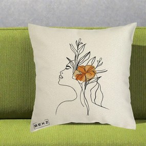 Perna Decorativa Portret Feminin Floare Portocalie Lateral, 40x40 cm, Ecru, Husa Detasabila, Perna Inclusa, BEKZ®