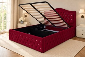 Pat tapițat Chesterfield din catifea Solaria Deluxe Cristal 160×200 cm, vișiniu, cu ladă de depozitare