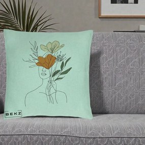 Perna Decorativa Portret Feminin Coroana Florala, 40x40 cm, Verde Menta, Husa Detasabila, Perna Inclusa, BEKZ®