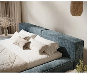 Pat matrimonial albastru prăfuit tapițat cu spațiu de depozitare cu somieră 200x200 cm Voliera – Maison de Rêve