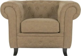 Fotoliu Chesterfield din piele ecologică maro, capitonat cu nasturi, cu structură din lemn și picioare negre, 110×81×76 cm, „Winston”