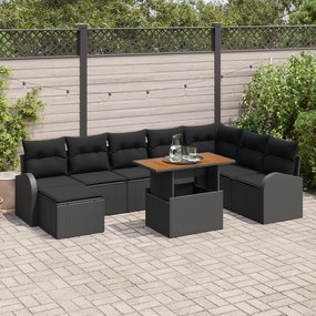 vidaXL Set de grădină cu 9 piese și perne, rattan negru, acacia