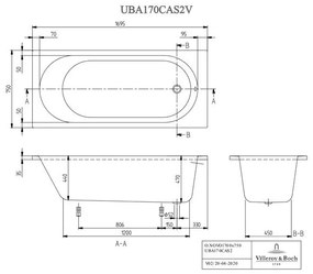 Cada dreptunghiulara Villeroy &amp; Boch, O.Novo Solo, pentru inzidire, 170 x 75 cm, alb alpin