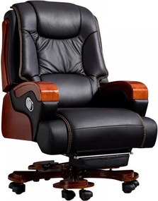 Regal Elite – Scaun directorial din Piele Naturală si Lemn Masiv, Masaj in 7 puncte, Funcție Încălzire, Înclinare 135°, Suport Picioare Extensibil, Sezut cu Arcuri, Telecomandă, Negru