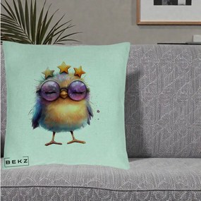 Perna Decorativa Pui Pop Star cu Ochelari Stele Violet, 40x40 cm, Verde Menta, Husa Detasabila, Perna Inclusa, BEKZ®