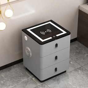 RESIGILAT-Set Margot, Masă de toaletă pentru machiaj cu oglindă iluminată LED, control touch, 6 sertare, comoda, scaun, Difuzor Bluetooth, zona încărcare fără fir, Gri