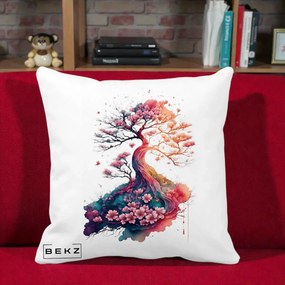 Perna Decorativa Copac Sakura Acuarela Fantasy, 40x40 cm, Alba Mata, Husa Detasabila, Perna Inclusa, BEKZ®