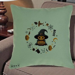 Perna Decorativa Halloween Dovleac Vrajitor Boo cu Simboluri, 40x40 cm, Verde, Husa Detasabila, Perna Inclusa, BEKZ®