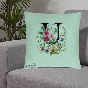 Cadou Personalizat - Perna Personalizata Monogram Litera U cu Flori Acuarela, 40x40 cm, Verde Menta, Husa Detasabila, Perna Inclusa, BEKZ®