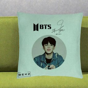 Perna Personalizata K-pop BTS Jimin Portret Cerc Autograf Geaca, 40x40 cm, Verde Menta, Husa Detasabila, Perna Inclusa, BEKZ®