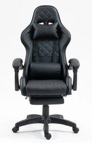 Scaun gaming, ergonomic, perna suport lombar cu masaj, spătar rabatabil, tetieră, suport pentru picioare, PU, Negru