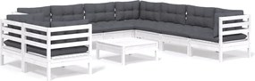 vidaXL Set mobilier grădină cu perne, 10 piese, alb, lemn masiv pin