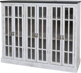 Bufet cu uși vitrate shabby chic din lemn de pin, crem, cu blat negru, 6 uși și 6 rafturi, finisaj antichizat, 100 x 123 x 35 cm, „Ménerbes”