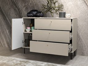 Comoda living  dormitor hol cu 3 sertare si 1 usa , casmir mdf casmir cu model , 120x85x40 cm, canturi abs, cu rafturi, picioare negre butoni auriu