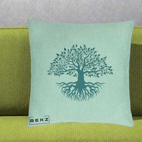 Perna Decorativa Copacul Vietii Teal cu Radacini, 40x40 cm, Verde Menta, Husa Detasabila, Perna Inclusa, BEKZ®