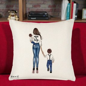 Cadou pentru Mama - Perna Personalizata Mom of Boys Mama cu Baietii, 40x40 cm, Crem Reliefat, Husa Detasabila, Perna Inclusa, BEKZ®