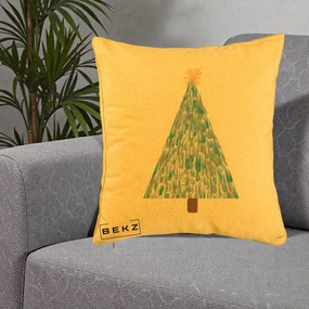 Perna Decorativa Brad de Craciun Acrilic Albastru, 40x40 cm, Galben, Husa Detasabila, Perna Inclusa, BEKZ®