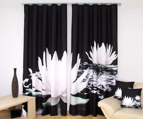 Draperie 3D neagră pentru living cu model de nuferi albi Lăţime: 160 cm | Lungime: 250 cm (într-un set de 2 bucăți)