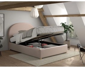 Set MOON: pat tapițat 90 x 200 cm roz cu țesătură bouclé și spațiu de depozitare + 2 tabureti roz multifuncționali – Vipack