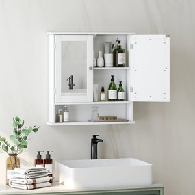 kleankin Dulap Suspendat pentru Baie cu 2 Uși cu Oglindă și Raft Deschis, Raft Interior Reglabil, Mânere Metalice, 56x13x58 cm, Alb | Aosom Romania