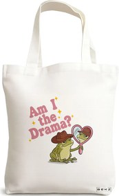 Sacosa de Panza pentru Cumparaturi, Geanta Tote, model And I am the drama? 38 x 34.5 cm, Alba, BEKZ®