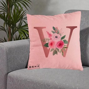 Cadou Personalizat - Perna Personalizata Monograma Rose Gold Litera W cu Trandafiri si Anemona, 40x40 cm, Roz, Husa Detasabila, Perna Inclusa, BEKZ®