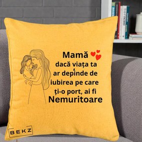 Cadou pentru Mama - Perna Personalizata Mama Nemuritoare cu Copilul in Poala, 40x40 cm, Galben, Husa Detasabila, Perna Inclusa, BEKZ®