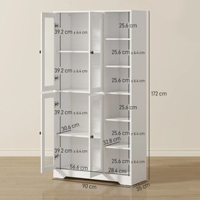 HOMCOM Bufet Bucătărie Înalt, Dulap Dispensa cu 4 Uși din Sticlă Soft-Close, 6 Rafturi Deschise, Rafturi Reglabile, Alb | Aosom Romania