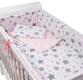 Set lenjerie matlasata 5 piese Kidizi All Pink Stars, include perna, plapumioara, aparatoare si cearceaf