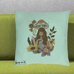 Perna Decorativa Fata Ciuperca Boho Florala, 40x40 cm, Verde Menta, Husa Detasabila, Perna Inclusa, BEKZ®