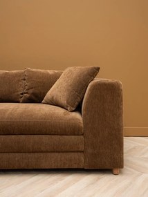 Canapea 3 locuri din catifea maro, cu perne decorative și picioare din lemn masiv, aspect vintage, 68 x 220 x 99 cm, „Castano”