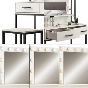 Masuta machiaj cu Oglinda LED si 2 Sertare pentru Cosmetice, Set Masa toaleta 90 cm, Alb, masuta cosmetica, vanity - SEA807