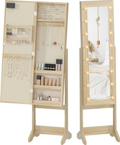 HOMCOM Oglindă Joyero cu Lumini LED Dulap pentru Bijuterii Dulap Joyero de Podea cu Oglindă Integrală Unghi Reglabil Lemn Natural | Aosom Romania
