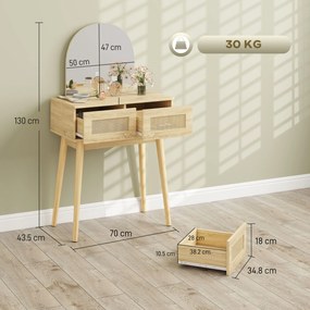 HOMCOM Masă de Machiaj cu Oglindă Arcuată 2 Sertare cu Față din Ratan pentru Spații Mici Natural | Aosom Romania