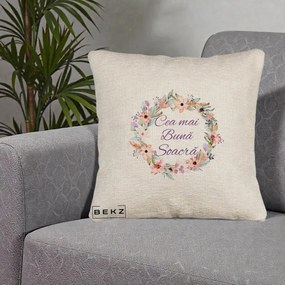 Cadou pentru Soacra - Perna Personalizata Cea mai Buna Soacra cu Coronita Flori Boho Pastel, 40x40 cm, Bej Canapea, Husa Detasabila, Perna Inclusa, BEKZ®