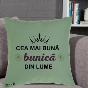 Cadou pentru Bunica - Perna Personalizata Cea Mai Buna Bunica Din Lume Coroana Mov Flori, 40x40 cm, Verde, Husa Detasabila, Perna Inclusa, BEKZ®