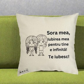 Cadou pentru Sora - Perna Personalizata Sora Mea Te Iubesc Copii Anime Line Art, 40x40 cm, Ecru, Husa Detasabila, Perna Inclusa, BEKZ®