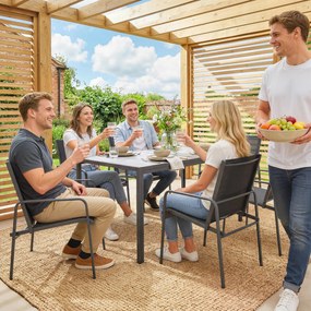 Outsunny Set de Prânz pentru Exterior, 7 Piese pentru 6 Persoane, Masă cu Efect de Lemn și Scaune cu Șezut Respirabil, Set Mobilier de Grădină cu Cadru din Oțel Galvanizat, Negru | Aosom Romania