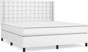 vidaXL Pat box spring cu saltea, alb, 160x200 cm, piele ecologică
