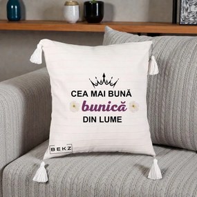 Cadou pentru Bunica - Perna Personalizata Cea Mai Buna Bunica Din Lume Coroana Mov Flori, 40x40 cm, Bej cu Franjuri, Husa Detasabila, Perna Inclusa, BEKZ®