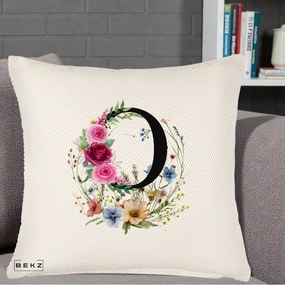 Cadou Personalizat - Perna Personalizata Monogram Litera O cu Flori Acuarela, 40x40 cm, Crem Reliefat, Husa Detasabila, Perna Inclusa, BEKZ®