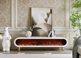 Șemineu electric cu efect LED realist, Comodă TV cu design oval, control vocal și telecomandă, fără încălzire, 180 cm, Alb