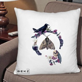 Perna Decorativa Gothic Wreath Corb Moliu Craniu, 40x40 cm, Alb Pufos, Husa Detasabila, Perna Inclusa, BEKZ®