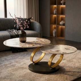 Masuta de cafea moderna cu doua blaturi rotative din ceramica DANCING RINGS 80-135cm