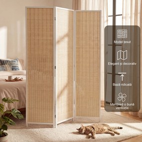 HOMCOM Paravan de Interior cu 3 Panouri, Pliabil, din Lemn și Bambus, 180 cm, Stil Boho, Natur/Alb | Aosom Romania
