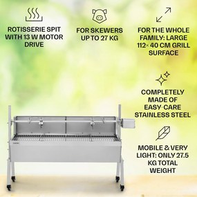 Sauenland Pro, grătar pentru prepararea porcușorilor, 13 W, 4 roți, oțel inoxidabil