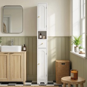HOMCOM Dulap de baie îngust cu sertar uși arcuite compartiment deschis raft reglabil 20x20x185 cm Alb | Aosom Romania