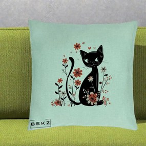 Perna Decorativa Pisica Neagra Flori Roz si Inimi, 40x40 cm, Verde Menta, Husa Detasabila, Perna Inclusa, BEKZ®