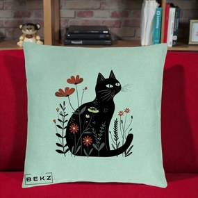 Perna Decorativa Pisica Neagra Flori Rosii Folk, 40x40 cm, Verde Menta, Husa Detasabila, Perna Inclusa, BEKZ®