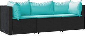 vidaXL Set mobilier de grădină cu perne, 3 piese, negru, poliratan